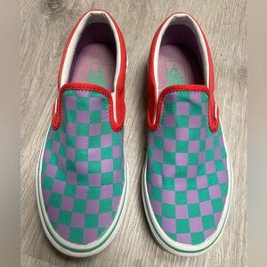 VANS checkered green and purple with orange trim slip on size 6-1/2